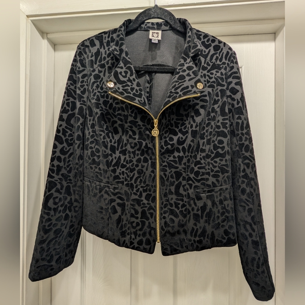 ANNE KLEIN | Black Velvet Leopard Print Zip Up Jacket Blazer Size Medium